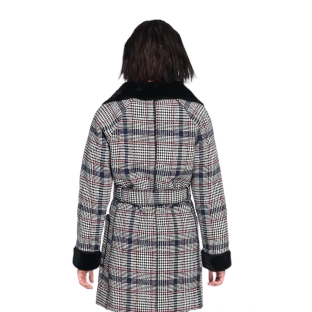 Solitaire Twill Plaid Faux Fur Belted Coat New Womens Large Black White New - Picture 3 of 10